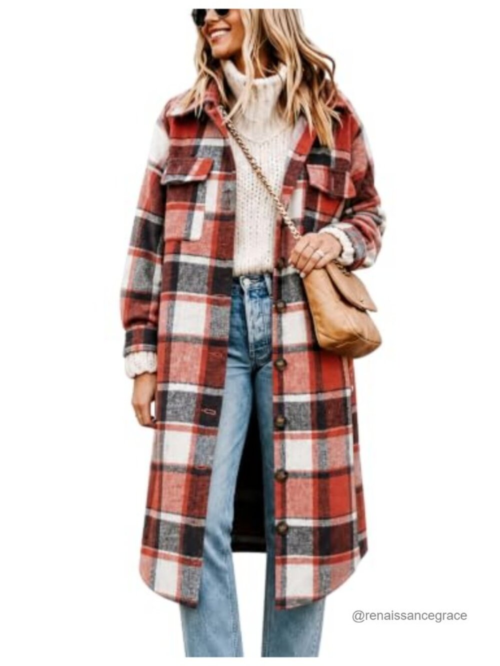 Oversized Plaid Shacket Button Down Long Flannel Shirt Jacket